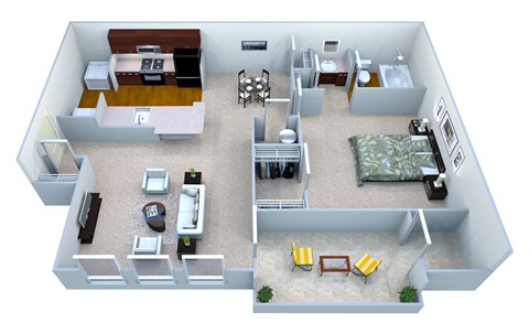 Floor plan for 1 bed, 1 bath, 630 sqft